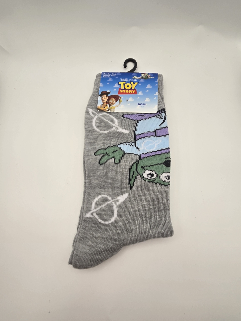 Disney Toy Story Gray Crew Socks with Green Alien and Purple Accents
